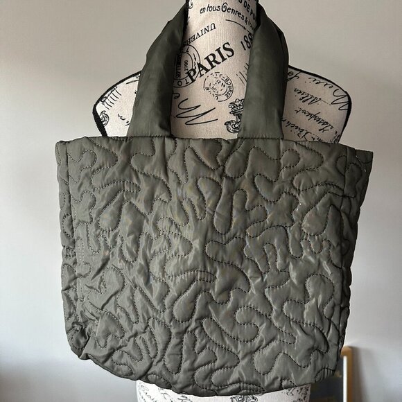 Handbags - Olive Green Quilted Tote Bag with Interior Pockets